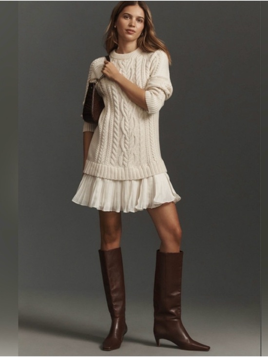 Fashion Express Dresses & Skirts - Ivory Cable-Knit Sweater Mini Dress with Pleated Hem